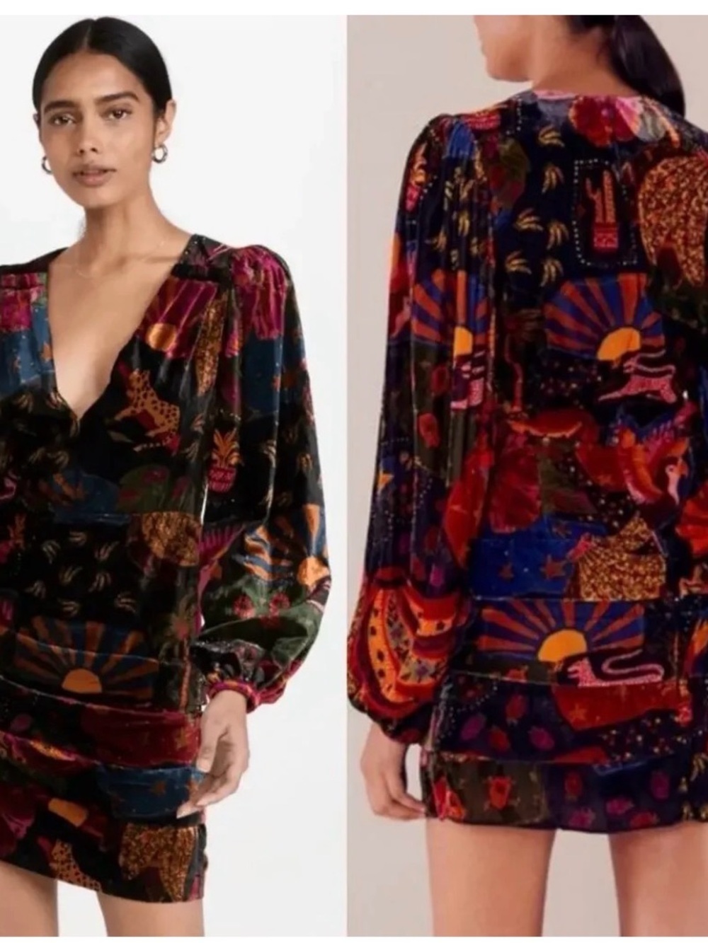 Farm Rio Crazy Mix Plunge Neck Long Sleeve Velveteen Mini Dress Size S - Picture 5 of 7